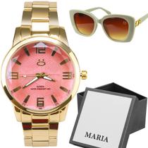 Relógio Feminino Dourado Rosa Banhado Moda Luxo + Óculos Sol Proteção Uv Presente