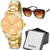 Relógio Feminino Dourado Rose Gold Luxo + Óculos Sol Marrom Quadrado Proteção Uv Qualidade
