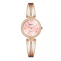 Relógio Feminino Dourado Rose Pulseira Com Pedras Redondo