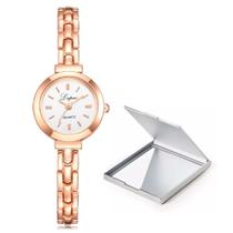Relógio Feminino Dourado Rosé Quartz Analógico Com Espelho