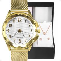 Relogio Feminino Dourado Strass + Brincos + Caixa + Colar prova dagua moda presente delicado redondo aço inoxidável qualidade premium social Relogio Feminino Dourado Strass + Brincos + Caixa + Colar prova dagua moda presente delicado redondo aço inoxidável qualidade premium social