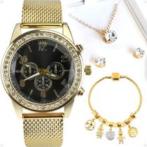 relogio feminino dourado strass + brincos + colar + pulseira prova dagua redondo presente social