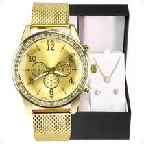 Relogio Feminino Dourado Strass + Caixa + Brincos + Colar