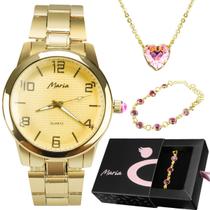 Relogio feminino dourado strass + pulseira + colar coração aço inoxidavel presente qualidade premium