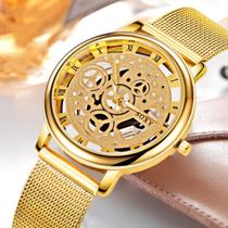 Relógio Feminino Esqueleto Aço Inoxid. Dourado Prata Preto