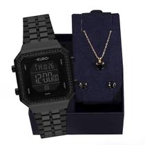 Relógio Feminino Euro Fashion Fit Diamond Preto EUBJK032AC/4P Colar e Brincos