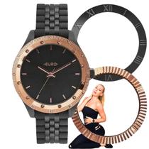 Relógio Feminino Euro Redondo Resistente Àgua Analógico Trio Glam Casual Preto EU2035YPO/T4C Personalizável