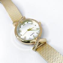 Relógio feminino fino redondo trançado strass moderno