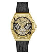 Relógio feminino GUESS de 40 mm com pulseira de silicone preta e estojo dourado