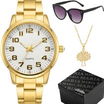 relogio feminino inox aco banhado + caixa colar + oculos sol 18k qualidade premium casual ouro social protecao uv uv400