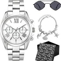 Relogio Feminino Inox Prata Aco Pulseira + Oculos Caixa pingente casual inoxidavel protecao uv ajustavel losango moda