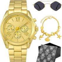 Relogio Feminino Inoxidavel Dourado + Colar Pulseira Caixa qualidade premium aco preto losango moda pingente original