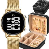 Relogio feminino led digital + colar pulseira + porta joia silicone ajustavel brincos social casual dourado presente
