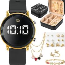 Relogio feminino led digital + porta joia anel presente original 18k banhado preto dourado casual silicone ajustavel