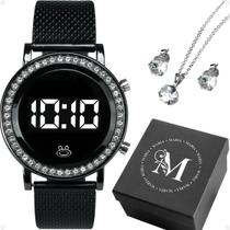 Relogio Feminino Led Silicone Digital + Colar Brinco presente preto original pulseira ajustável redondo social strass
