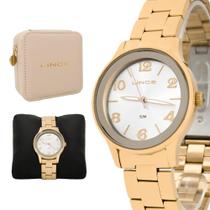 Relogio Feminino Lince Analogico Aço Inoxidavel Dourado Mostrador Perola Com Porta Joias Original Re