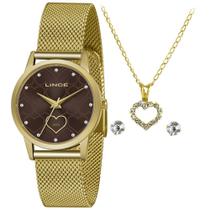 Relógio Feminino Lince Dourado Marrom Coração Com +Nf