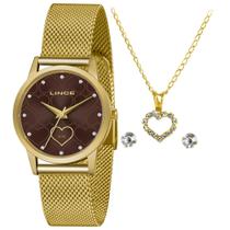 Relógio Feminino Lince Dourado Marrom Coração com Semijoias +NF