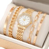 Relógio Feminino Luxo Dourado Strass+ Kit Pulseiras