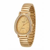 Relógio Feminino Luxo Gota Com Strass Correa Metal + Caixa Dourado