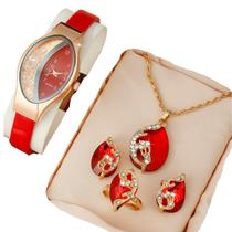 Relógio Feminino Luxo Vermelho Minimalista + Kit Acessórios