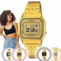 Relógio Feminino Marca Casio Vintage Feminino Pequeno Quadrado Digital Casual Dourado LA680WGA