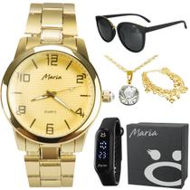 Relógio Feminino Maria Aço Dourado Kit Colar Óculos