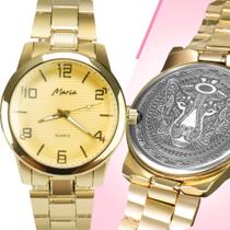 Relógio feminino maria aço strass dourado