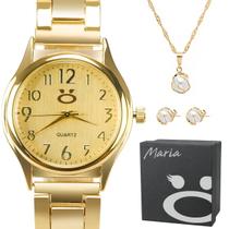 Relógio Feminino Maria Dourado Aço Colar Brincos Caixa Kit