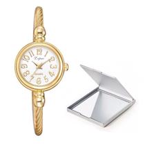 Relógio Feminino Mini Dourado Pulseira Ajustável Com Espelho Relógio Feminino Mini Dourado Pulseira Ajustável Com Espelho