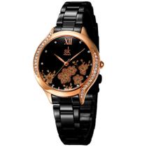 Relógio Feminino Moda Casual Design Elegante Flores Pulseira em Aço Inoxidável