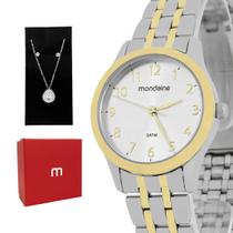Relogio Feminino Mondaine Analogico Aço Inoxidável Dourado e Prata Com Colar e Brinco Original Resistente a Agua 1 Ano de Garantia 32608LPMKBE3K4L12