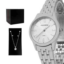 Relogio Feminino Mondaine Analogico Aço Inoxidavel Prata Com Colar e Brinco Original Resistente a Agua 1 Ano de Garantia 32720LOMKNE2K1