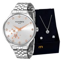 Relógio Feminino Mondaine Analógico Cristais Prata 32284L0MVNE2 Colar e Brincos