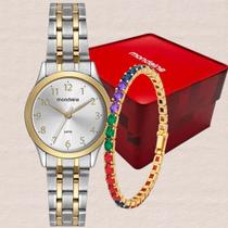 Relógio Feminino Mondaine Bicolor Aço Inox Casual Chic Mostrador Metálico Com Pulseira De Cristais 5ATM Modelo 32608LPMKBE3K2
