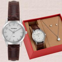 Relógio Feminino Mondaine Colar Brincos Resistente Água 50M Pulseira de Couro Social Prateado 32794L0MKNH2K1