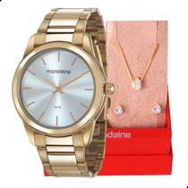 Relógio Feminino Mondaine Dourado Casual Analógico 53676LPMVDE2 Mulher Colar e Brincos