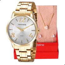 Relógio Feminino Mondaine Dourado Glitter Casual Analógico 99565LPMVDE1 Mulher Colar e Brincos