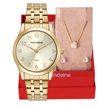 Relógio Feminino Mondaine Dourado Pequeno 32608LPMKDE1K4 + Colar e Brincos