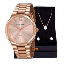 Relógio Feminino Mondaine Rosé Catraca Facetada 53750LPMVRE2 Mulher Colar e Brincos