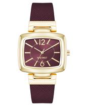 Relógio feminino Nine West com pulseira Saffiano em tom dourado bordô