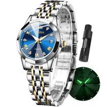 Relógio Feminino OLEVS - Aço Inoxidável Prateado com Data e Detalhes em Diamante