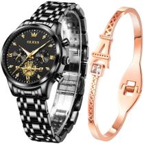 Relógio feminino OLEVS, presente, conjunto de pulseiras, ouro rosa para mulheres, vestido de negócios, relógio feminino, preto, casual, analógico, impermeável, luminoso, relógio de pulso de dois tons