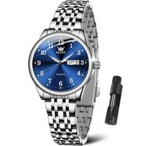 Relógio Feminino OLEVS - Pulseira de Aço Inoxidável Prata com Mostrador Azul