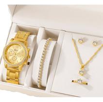 Relógio Feminino Original Dourado Luxo + Kit 5 Acessórios