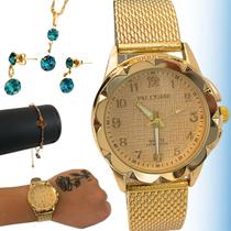 Relogio Feminino Original Fashion + Colar Brinco E Pulseira