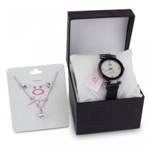 Relógio feminino Orizom pulseira preta + colar e brinco