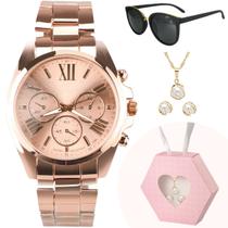 Relógio Feminino Ouro Rosé + Acessórios Banhados 18k - Brincos, Colar e Óculos Presente para Mulheres Modernas