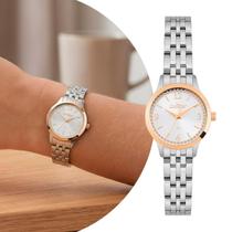 Relógio Feminino Pequeno Prata e Rosé com Caixa e Pulseira de Aço Inoxidável à Prova d Água Fashion Luxo Elegante Condor