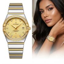 Relógio Feminino Poedagar Cravejado em Zirconias Luxo Aço Inox Dourado Bracelete